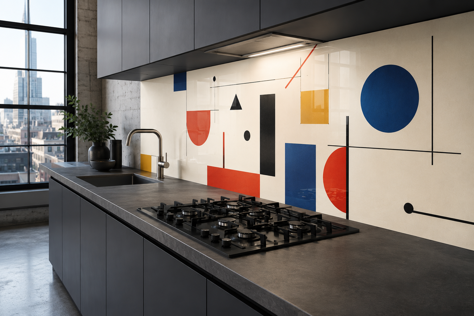 Wizualizacja AI — panel szklany Bauhaus w detalu, kompozycja figur geometrycznych
