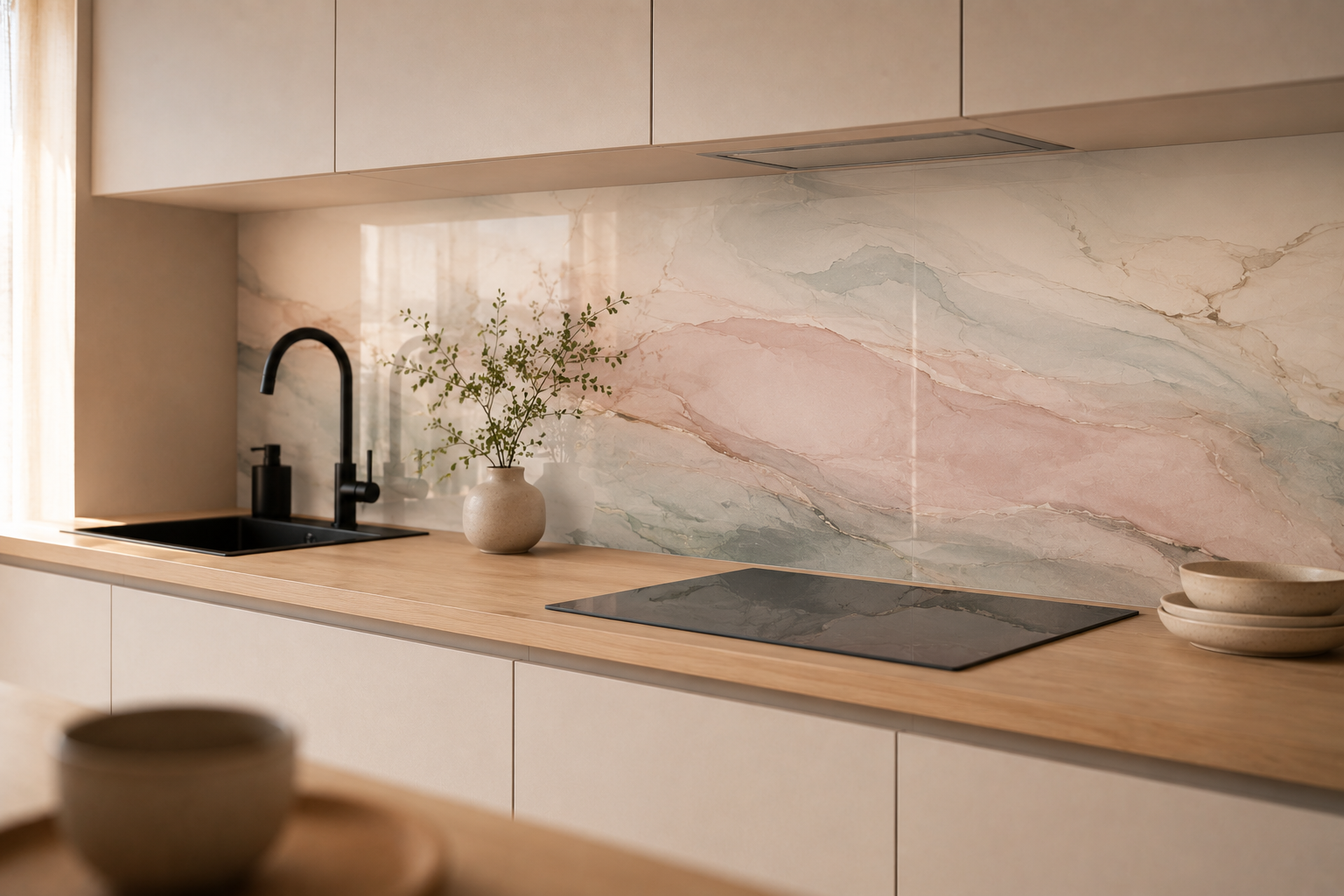 Wizualizacja AI — panel szklany z motywem liquid art, detal pastelowych smug