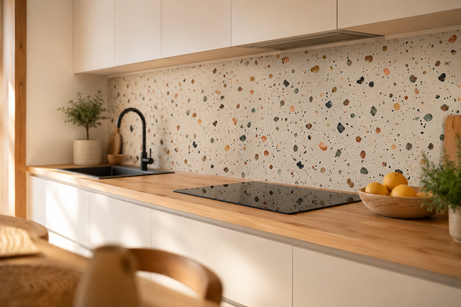 Wizualizacja AI — panel szklany terrazzo w detalu, widoczna struktura okruchów