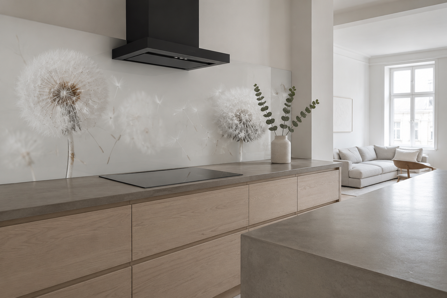 Wizualizacja AI — białe nasiona dmuchawca w kompozycji white-on-soft-grey w skandynawskim apartamencie z jasnym jesionem i polerowanym betonem