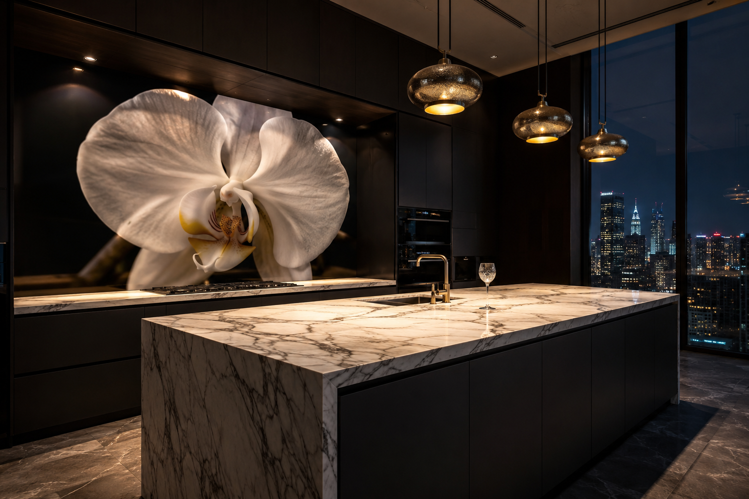 Wizualizacja AI — biała orchidea phalaenopsis w fotograficznym zbliżeniu na czarnym tle, apartament penthouse z czarnym matowym frontem i marmurem Calacatta