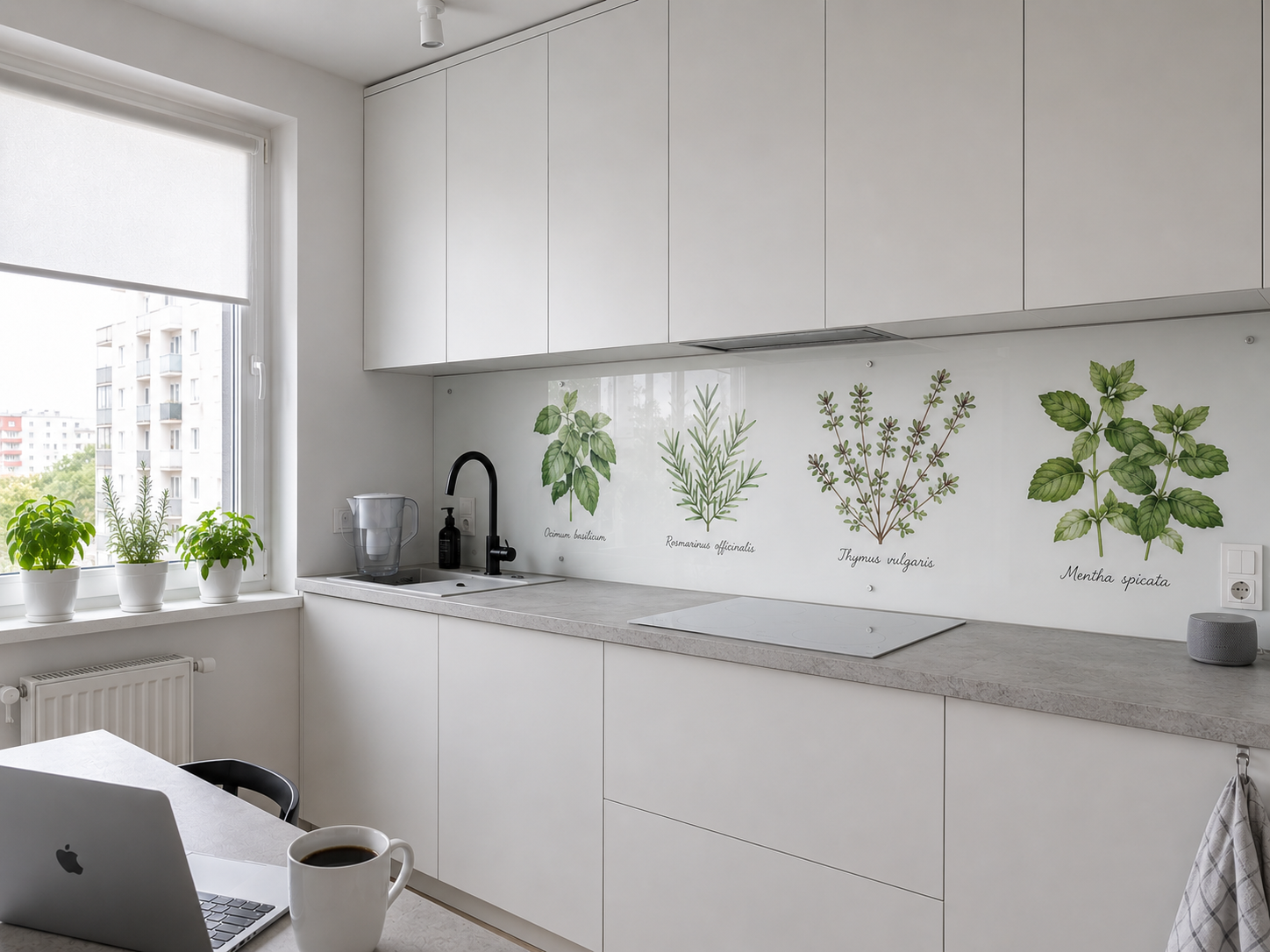 Wizualizacja AI — panel szklany z motywem zioł w stylu zielnika, kuchnia biophilic z sage green szafkami