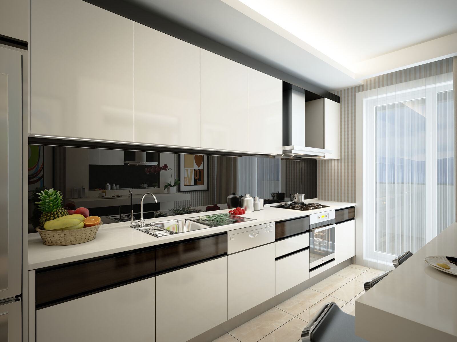 Szklany panel z nadrukiem zamontowany w nowoczesnej kuchni