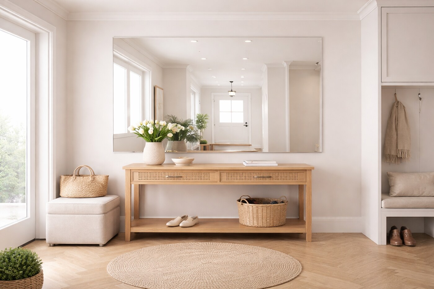 Lustro na wymiar w eleganckiej łazience optycznie powiększające wnętrze